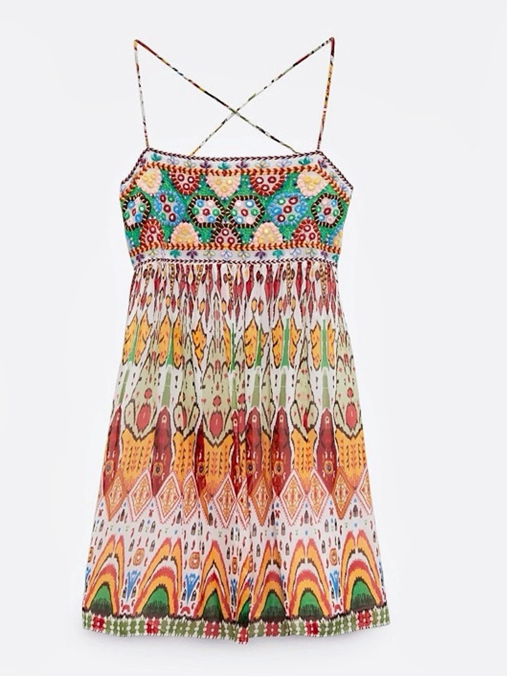 Zara Bold Color Embroidered Strappy Ikat Pattern Mini Dress Mini Dress